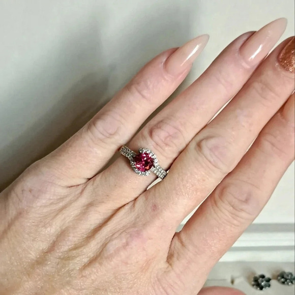 Padparadscha Sapphire & White Zircon Ring In 925 Sterling Silver - Picture 4 of 9